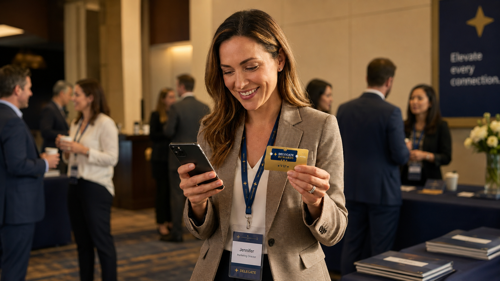A marketing director wearing a Delegate Rewards lanyard checks her points on her phone at a B2B conference