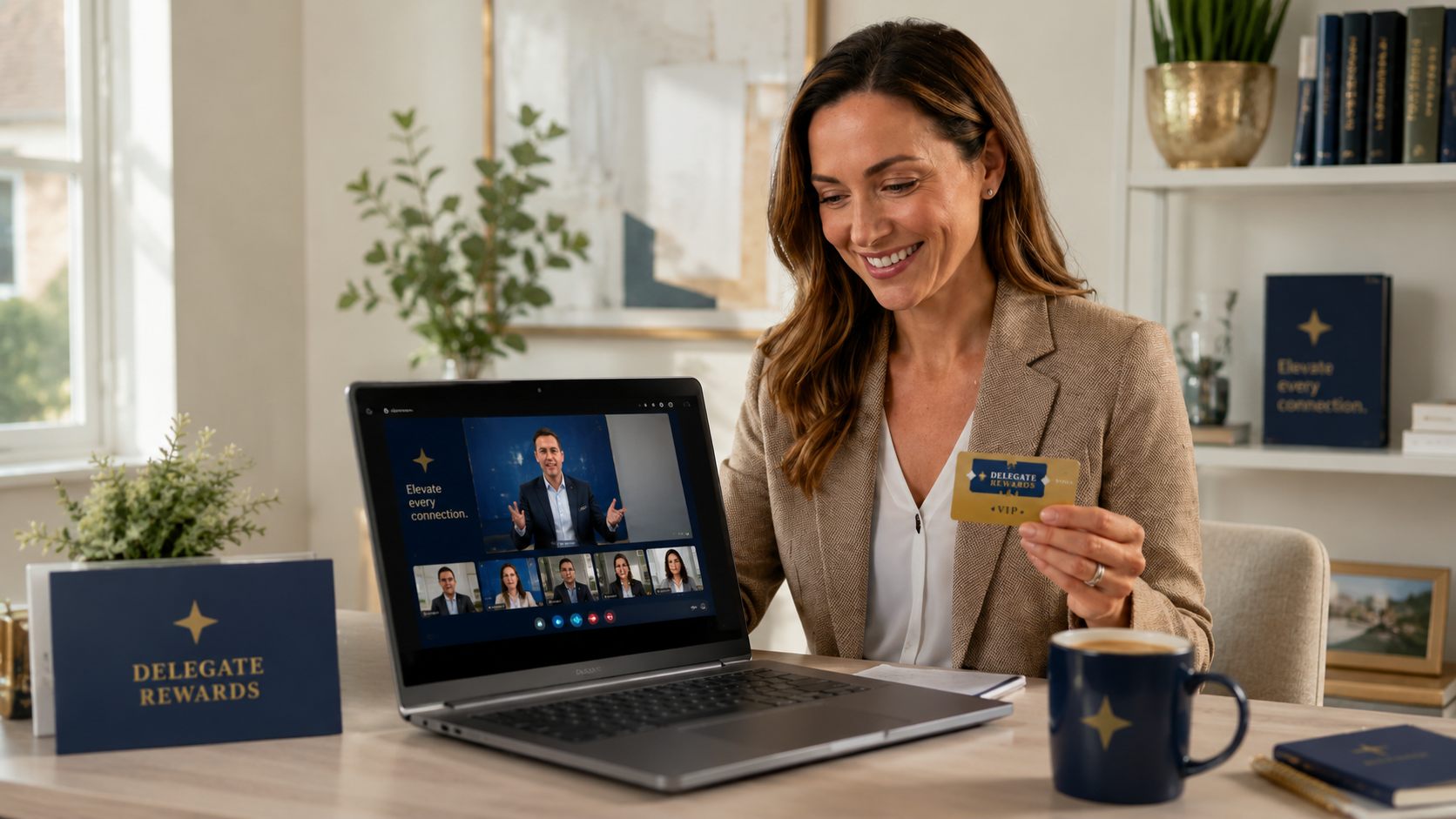 A delegate attending a virtual B2B summit from her home office, holding a gold VIP Delegate Rewards card
